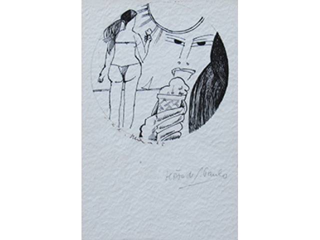 Aldemir Martins nanquim sobre cartão 25,5 x 17 cm “Verão em São Paulo” ass. CIE 1983 ex-coleção Waldemar Szaniecki