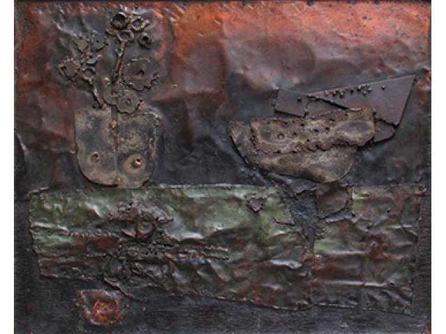 Mario Agostinelli relevo escultórico em metal sobre madeira 44 x 54 cm "BR 3119" ass.verso 1968. Com etiqueta de "A Galeria", ex-coleção Waldemar Szaniecki