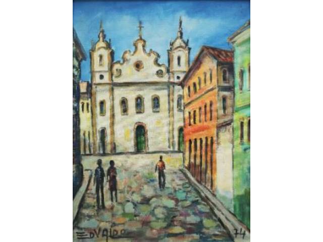 Edvaldo Assis óleo sobre tela 40 x 30 cm "Igreja" ass. CIE 1974