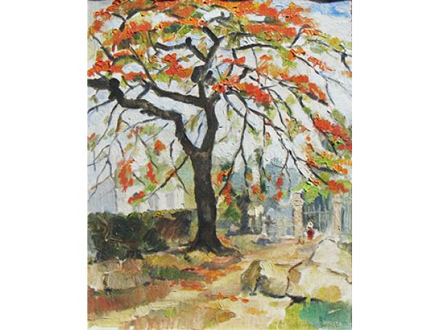 Milton Dacosta óleo sobre tela 40 x 33 cm "Flamboyan" ass. CID 1936 etiqueta Galeria Ricardo Camargo, nov/1995