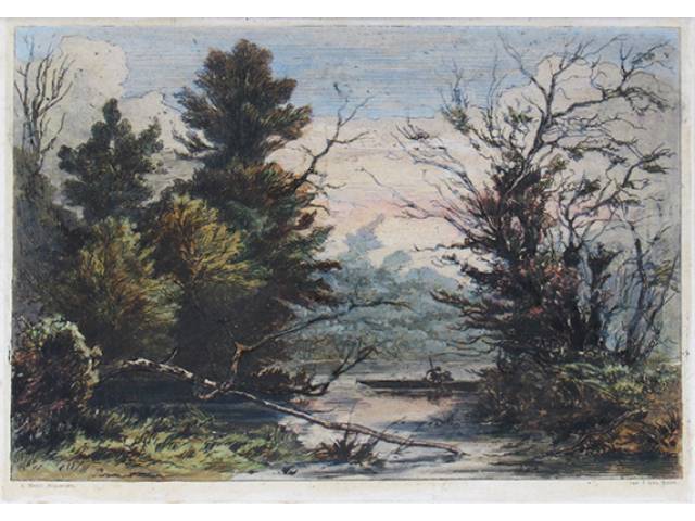 E. Baes (Imp. F. Nys. Brux) Esc. Belga Impresso - 15 x 21 cm, “Paisagem com rio e canoa” Ass. CIE