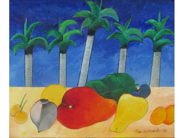 Aldemir Martins acrílica sobre tela 46 x 55 cm "Paisagem com Palmeiras e Frutas"  ass. CID e verso fevereiro 1992