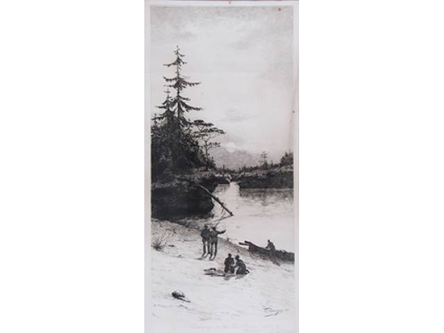 Otto Dinger (1860, Düsseldorf – 1928, Berlim) Gravura 55,5 x 26 cm, “Evening on the fox river”, ass. CID, 1888
