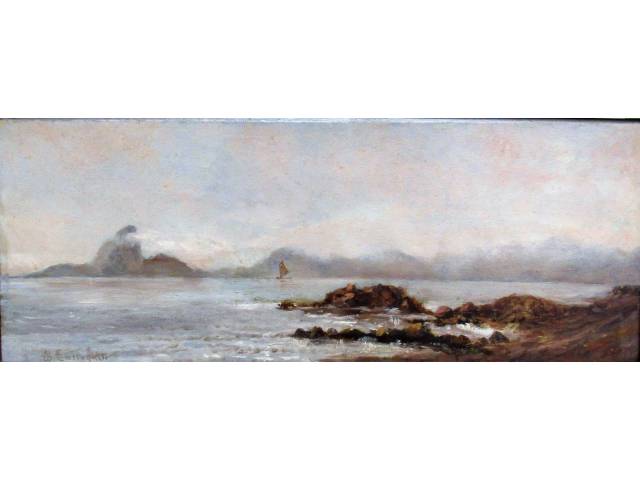 Giovanni Battista Castagneto óleo sobre placa 27 x 60 cm "Iconografia do Rio de Janeiro, Pão de Açúcar, visto da praia do flamengo" ass. CIE no verso etiqueta do escritório Renato Magalhães Gouvêa
