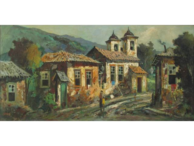 Durval Pereira - óleo sobre tela 59 x 120 cm "Casario" ass. CID ano 1976