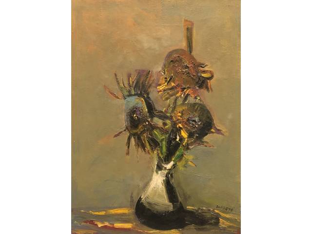 Danilo Di Prete - óleo sobre tela 73 x 54 cm “Vaso com Flores” ass. CID reproduzida no catálogo Dutra Leilões (dez/2004), etiqueta “AGaleria” ex-coleção Waldemar Szaniecki