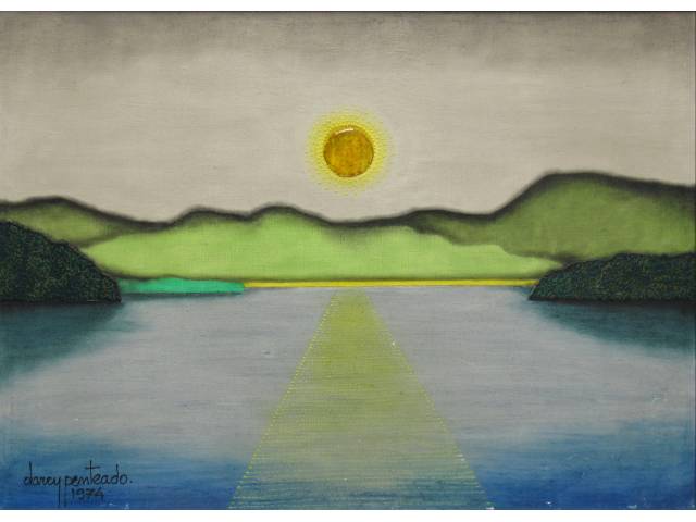Darcy Penteado óleo sobre tela 50 x 70 cm "Sol frio sobre Canal" assinada CIE e verso 1974