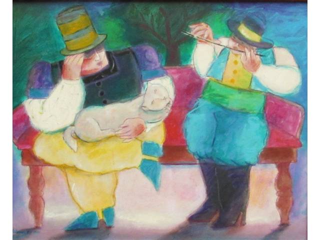 Helenos óleo sobre tela 39 x 49 cm "Flautista com Gato" ass. CIE ano 1984