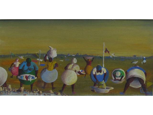 João Candido óleo sobre tela 28,5 x 59 cm "Lavadeiras no Lago" ass. CID ano 1973