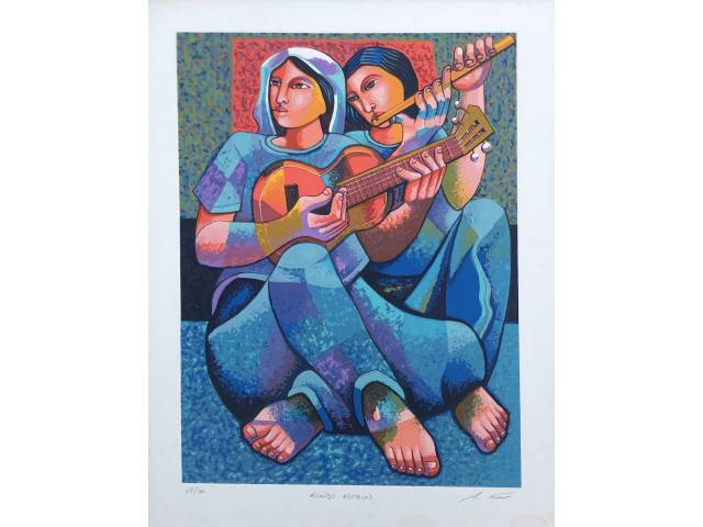 Adélio Sarro gravura  54 x 71 cm "Tocando Estrelas" ass. CIE T. 65/180 moldura no estado com pequena mancha na base