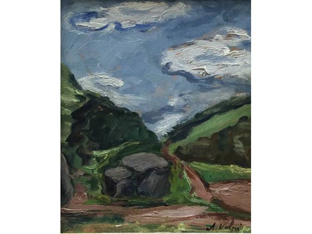 Alfredo Volpi - óleo sobre madeira, 30 x 25cm "Paisagem de Mogi das Cruzes " ass CID decada de 40