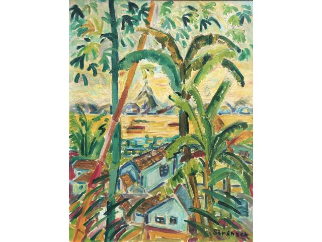 Sorensen, Carlos Haraldo óleo sobre tela 65 x 50 cm intitulada "Favela da Rocinha" assinada CID e verso