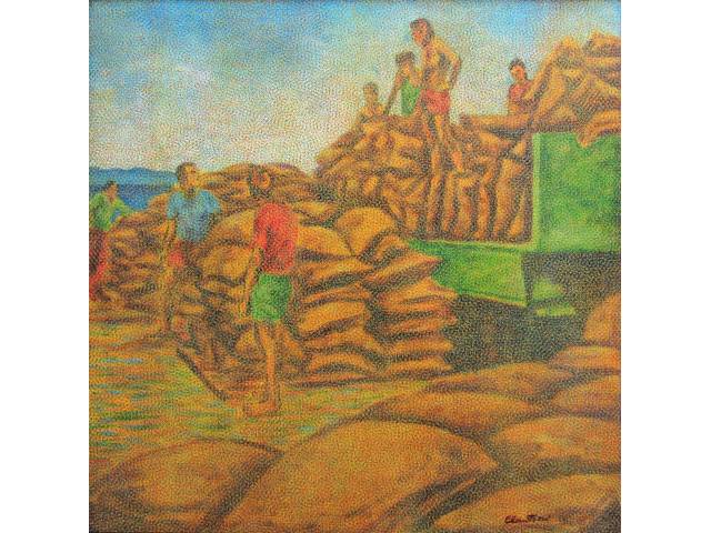 Claudio Tozzi - acrílica sobre tela colada sobre madeira 80 x 80 cm “Boia Fria” ass. CID e verso ano 1979/1981