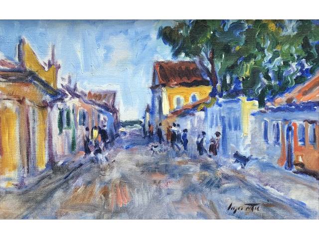 Sérgio Telles óleo sobre tela 22 x 35 cm "Casarios" assinada CID