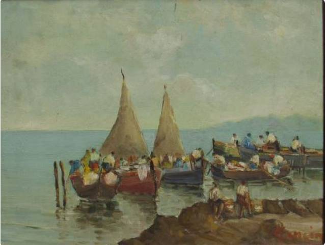 Vicenzo Cencin óleo sobre eucatex 26 x 34 cm “Barcos e Pescadores” assinada CID