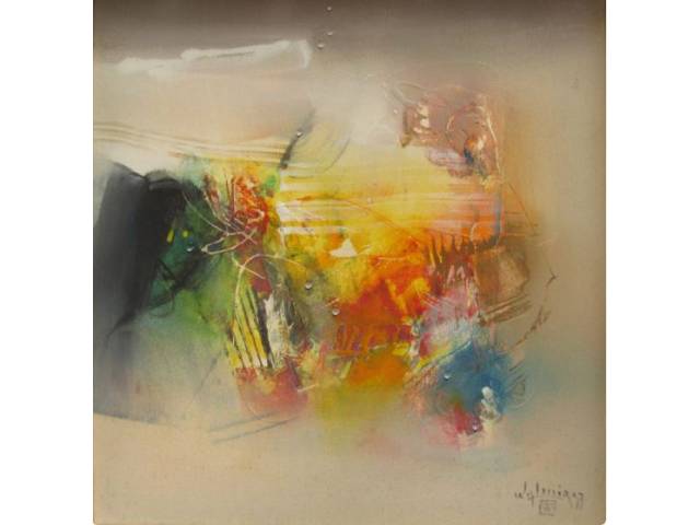 Walmir Teixeira acrílica sobre tela 50 x 50 cm intitulado "GUA-(vale guarani)" ass. CID e verso datado 1997