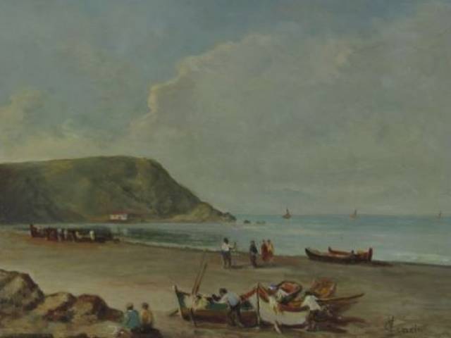 Vicenzo Cencin óleo sobre tela 40x50 cm intitulada "Praia de Pescadores (Itanhaém)" assinada e datada CID 1980