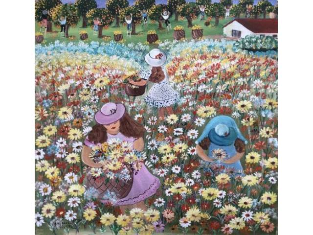Lourdes de Deus acrílica sobre tela 60 x 60 cm intitulada "Tempo de Colheita" assinada CIE e verso datada 1997