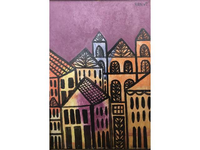Renot óleo sobre eucatex 22 x 16 cm "Casario" assinada CSD