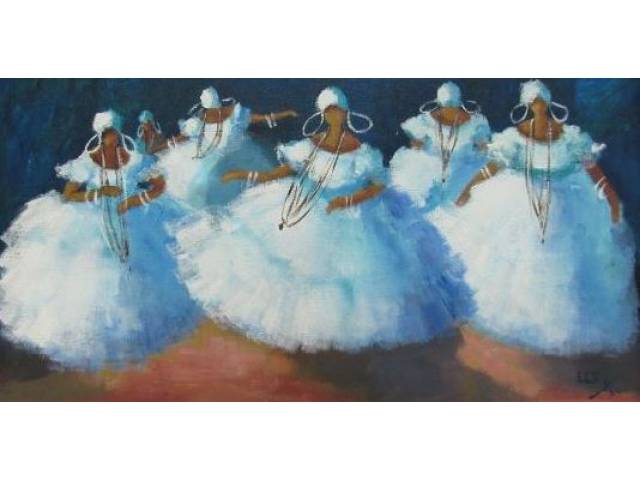 "TITA" (Joana de Souza Neves) óleo sobre tela 29 x 59 cm "Baianas Azul" assinada CID