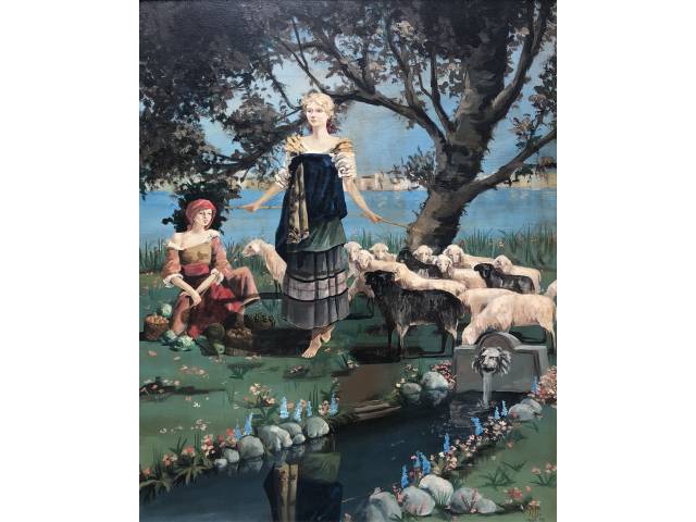M. J. óleo sobre tela 90 x 70 cm intitulada "La verdureira e La pastorella in Riva al Mare'' assinada CID e verso datada 1958