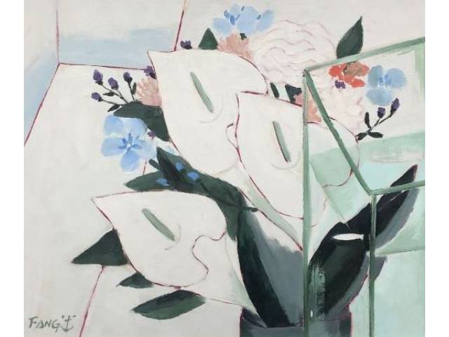 Fang, Chen Kong óleo sobre tela 45 x 55 cm "Flores" assinada CIE e verso