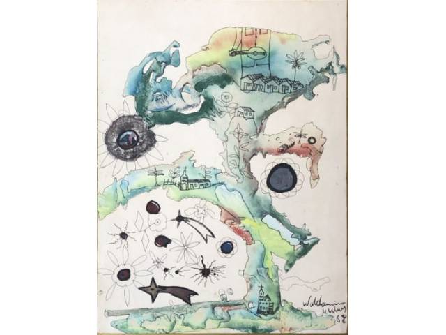 Waldomiro de Deus técnica mista sobre cartão 34,5 x 25 cm "Sem título" assinada e datada 1968 CID