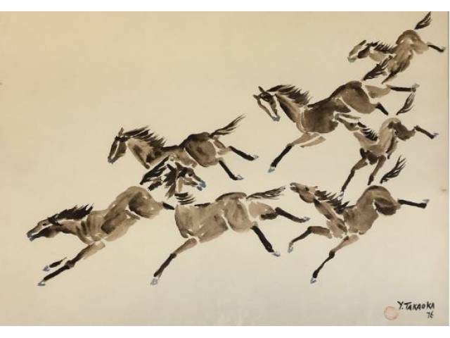 Yoshiya Takaoka aquarela 34 x 49 cm "Cavalos" assinada e datada 1976 CID