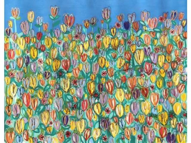 Dalmau,David acrílica sobre tela 1,20 x 1,60 cm "Tulipas" assinada CID