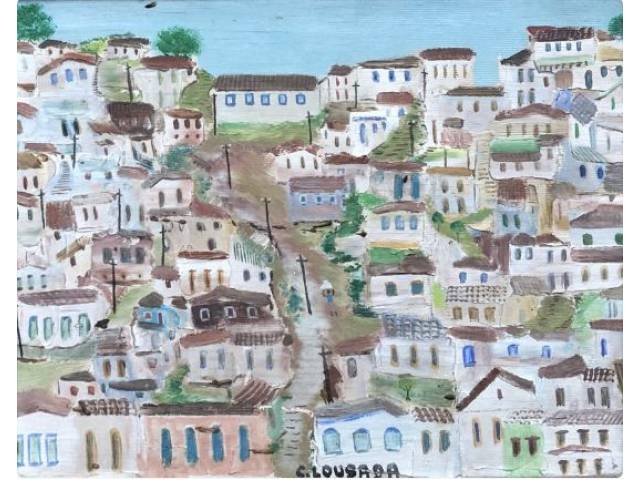 Carlos Lousada  óleo sobre madeira  21 x 26 cm intitulada "Morro Carioca" assinada e datada centro inferior 1968