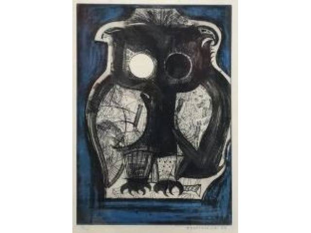 Fernando Odriozola gravura 68 x 52 cm "Coruja" assinada e datada CID 1974 tiragem 74/100 no estado, apresenta pequenos fungos