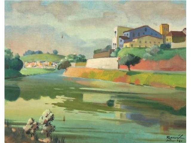 Rescála (João José Rescala) óleo sobre tela 44 x 55 cm "A margem do rio" assinada e datada CID 1980