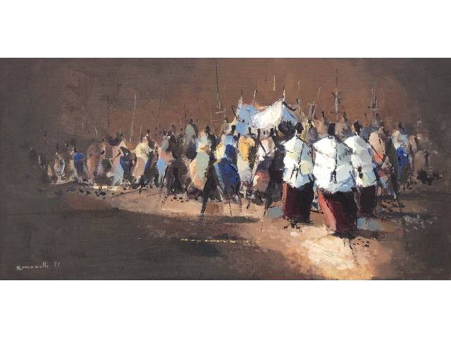 Romanelli óleo sobre eucatex 35 x 70 cm "Procissão" assinada CID