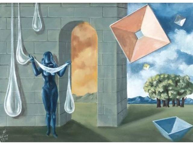 Walter Lewy óleo sobre tela 32 x 44 cm " Surrealismo " assinada e datada  CIE 1976