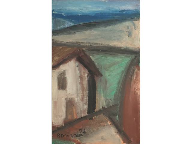 Aldo Bonadei óleo sobre madeira 30 x 19 cm “Casario” assinada CIE e datada  1972