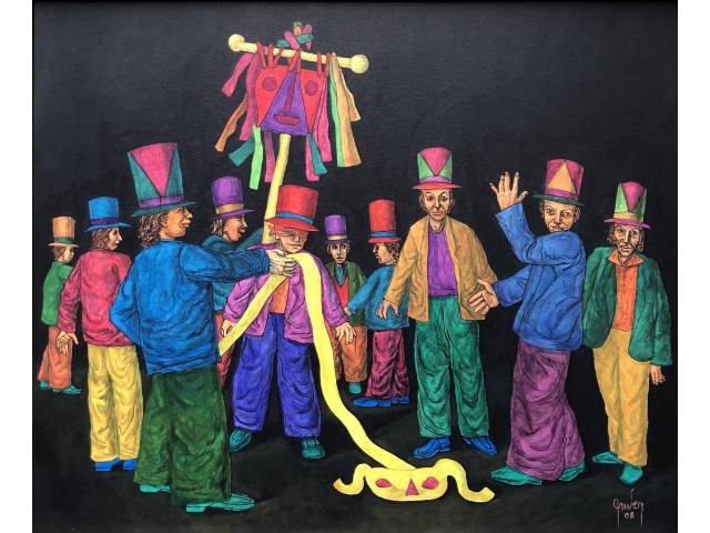 Mario Gruber técnica mista 90 x 110 cm intitulada "Carnaval Enigmas" assinada e datada 2008 CID e verso
