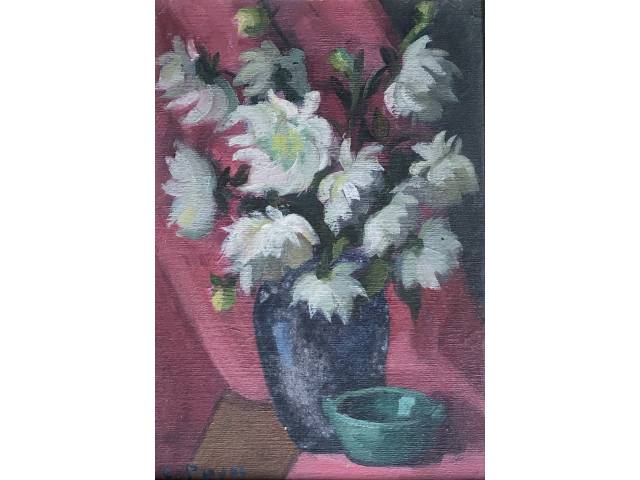 Colette Pujol óleo sobre madeira 34 x 23 cm "Vaso com Dália-Branca" assinada CIE