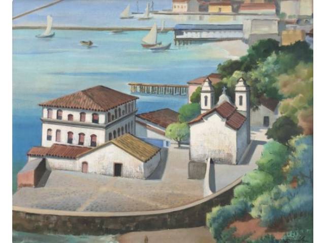 Rescala (João José Rescala) óleo sobre tela 55 x 68 cm "Paisagem com igreja" assinada e data 1979 CID localizada Bahia