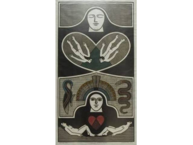 Samico  (Gilvan José Meira Lins Samico)  xilografia 95,5 X 54,5 cm intitulada "A Criação Homem e Mulher" assinada e datada 1993 CIE tiragem 71/120