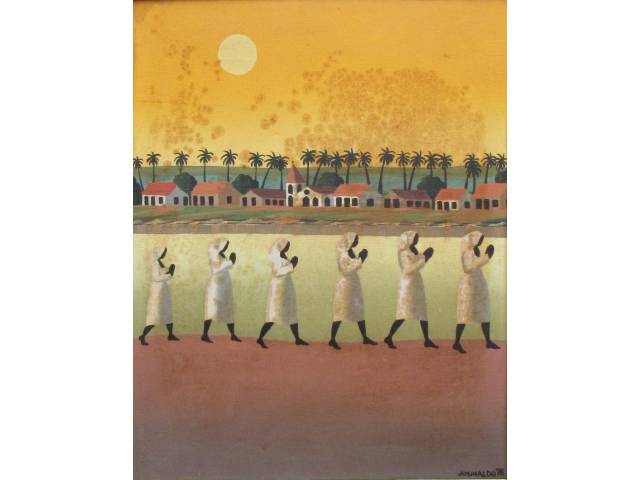 Josinaldo oléo sobre tela 49 x 39 cm"Penitencia no Rio São Francisco" ass CID ano 1978 , apresenta fungos na parte superior e central.