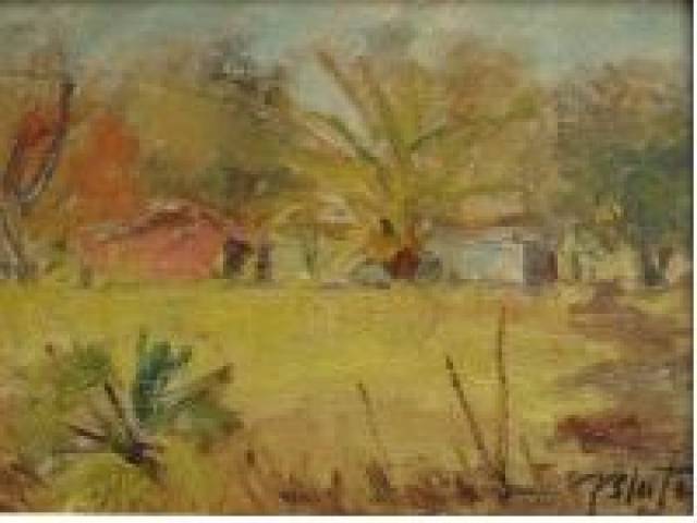 Barbosa Leite óleo sobre madeira 18 x 25 cm intitulada "Mancha" assinada e datada 1948 CID localizada Fortaleza "Sitio do sr. Cândido Camonges" com dizeres do artista J. Mesquita no verso