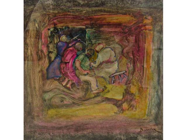 Barrica (Guilherme Clidenor de Moura Capibaribe) óleo sobre cartão 26 x 26 cm intitulada "Aprendizes e Mestres" assinada CID e datada 1951