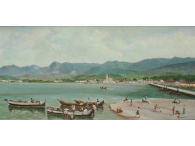 Vincenzo Cencin , oleo sobre eucatex 30 x 60 cm “ Pescadores” ass. CID