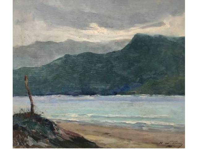 Heitor de Pinho óleo sobre madeira 37 x 45 cm "Beira mar" assinada e datada CID 1946 com etiqueta de Aloiso Cravo Leilões