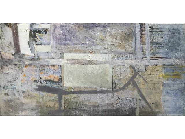 Marcelo Villares colagem e acrílico sobre madeira90 x 190 cm "Sem Título" assinada e datada Verso - ano 1991