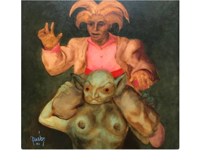 Mario Gruber óleo sobre tela 64 x 64 cm "Fantasiado" assinada e datada CIE e verso 2002