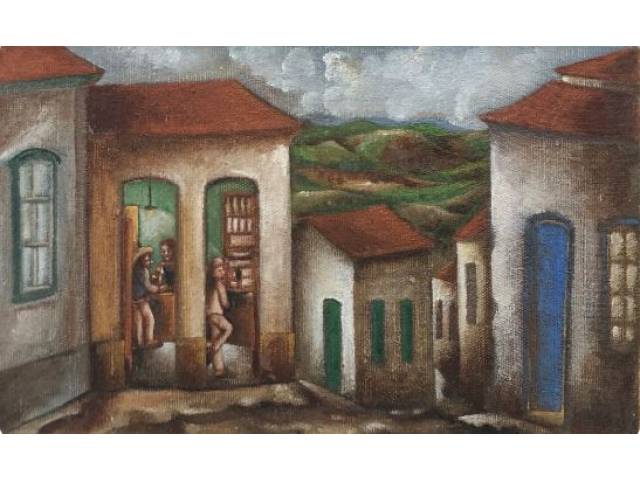 Tobias Marcier (Jorge Tobias Marcier) óleo sobre madeira 19 x 31 cm "Casario" assinada e datada CID 1979