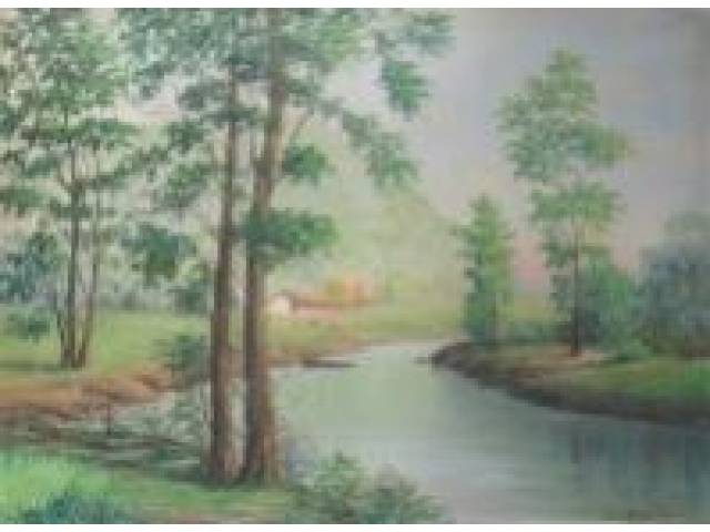 José Rossini - óleo sobre tela 60 x 80 cm "Paisagem de Fazenda com Rio" ass. CID (pequeno remendo no verso)
