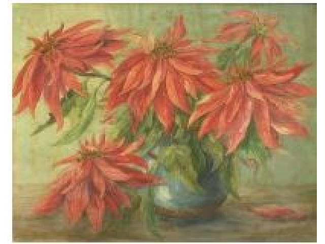 K. Scola - óleo sobre madeira 35 x 50cm "Vaso com Dálias Vermelhas" ass. CID