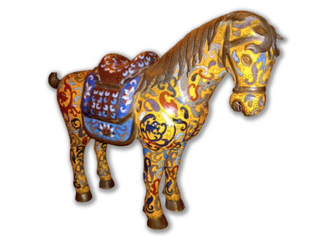 Figura de Cavalo em Cloisonné finamente ornamentado, H = 28 cm e L = 30 cm